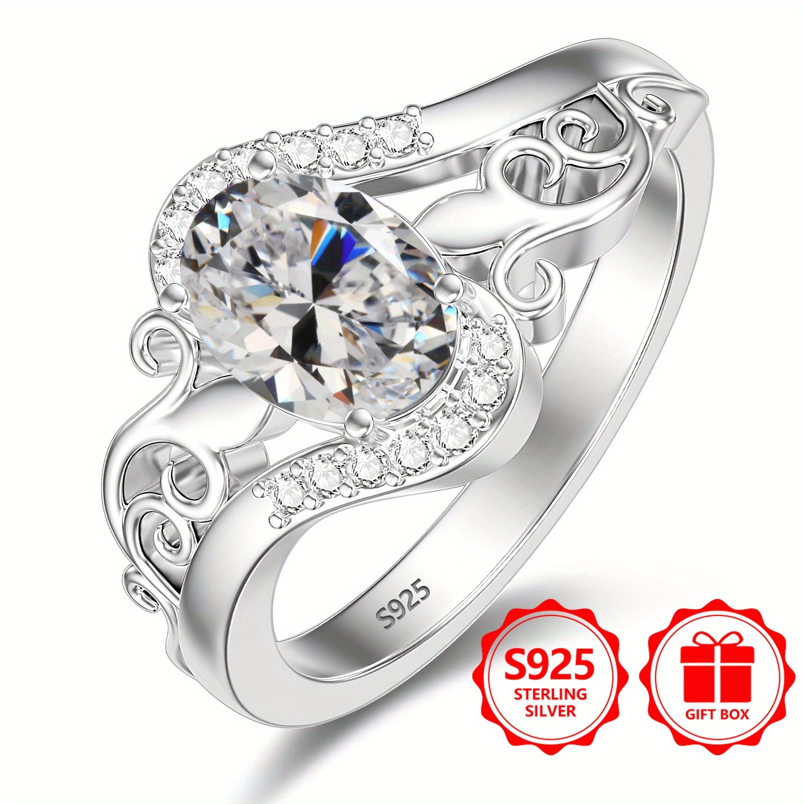 925 Silver Women's Anniversary Ring Bohemian Hollow Oval CZ Stone